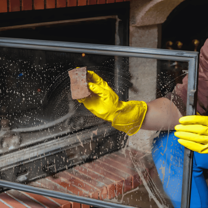 Clean glass window with sponge and yellow gloves.