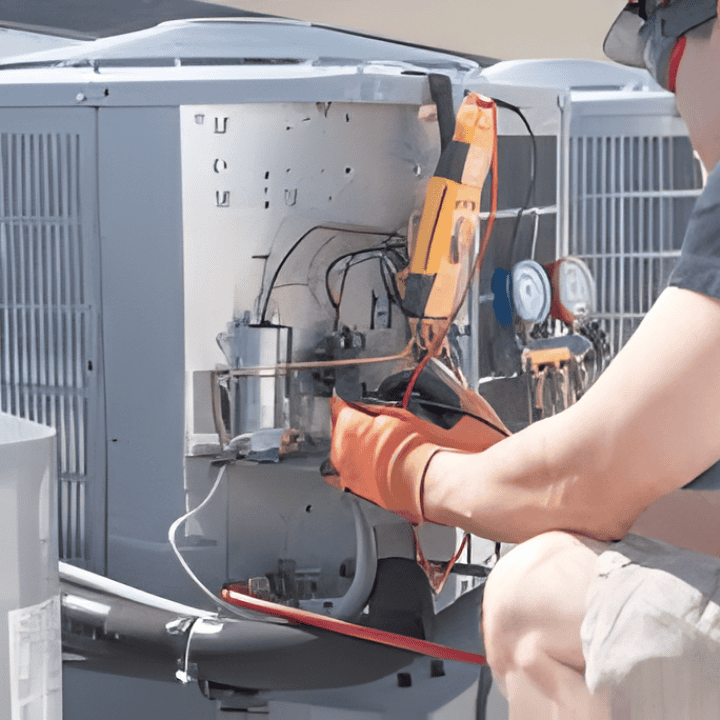 HVAC technician performing maintenance on an outdoor air conditioning unit.