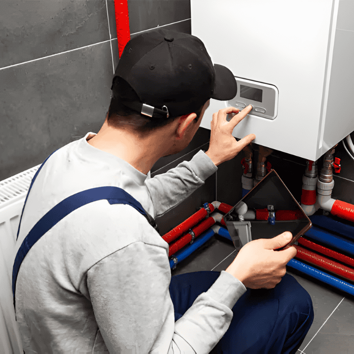 Technician inspecting boiler system with digital control panel in a modern utility room.